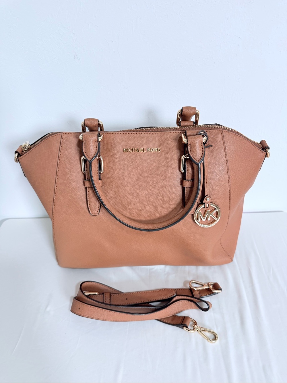 MICHAEL KORS Camel/Tan Saffiano Leather Shoulder Bag with Gold Hardware